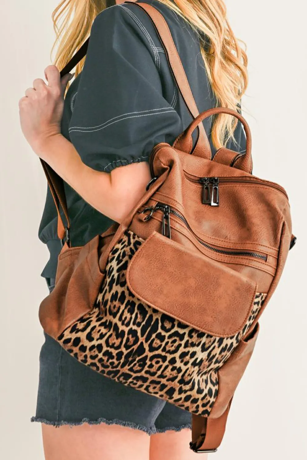 New Dear-Lover Leopard Patchwork PU Leather Functional Backpack Coffee