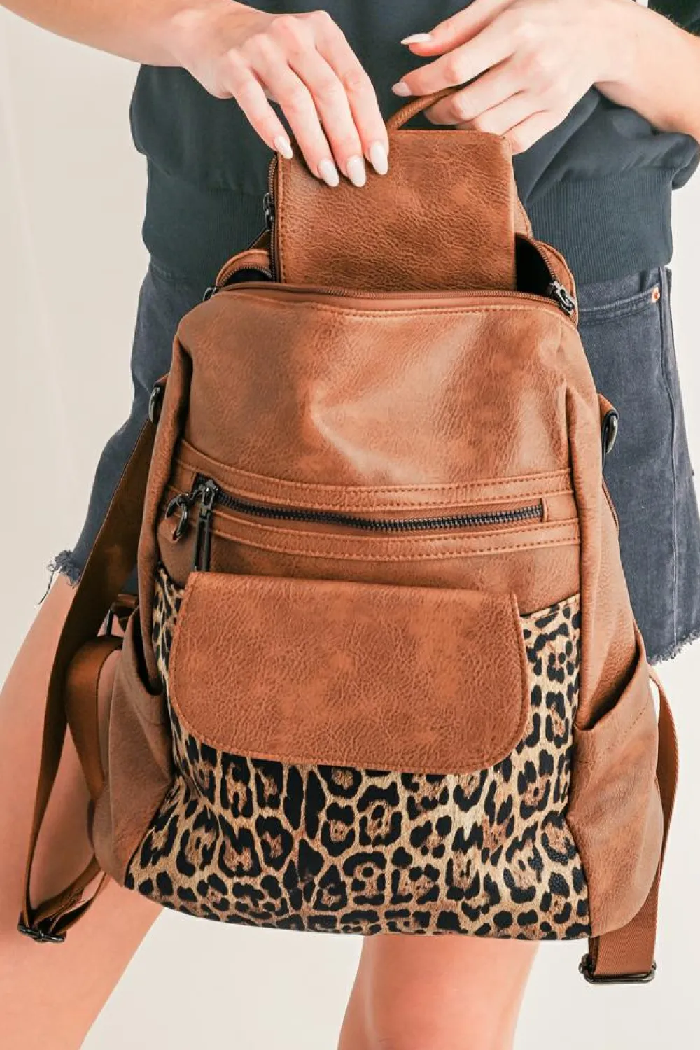 New Dear-Lover Leopard Patchwork PU Leather Functional Backpack Coffee