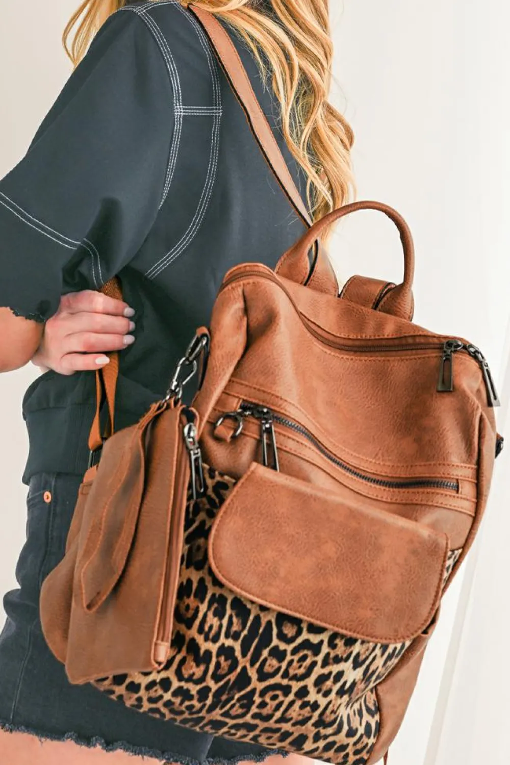 New Dear-Lover Leopard Patchwork PU Leather Functional Backpack Coffee