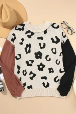 Online Dear-Lover Leopard Print Colorblock Pullover Sweater Coffee