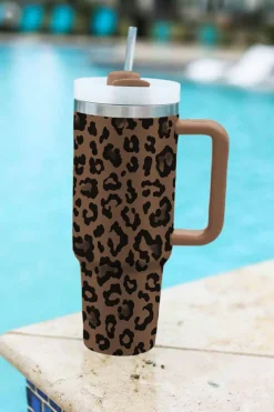 Hot Dear-Lover Leopard Print Handle Stainless Steel Large Vacuum Cup 40oz Coffee