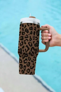 Hot Dear-Lover Leopard Print Handle Stainless Steel Large Vacuum Cup 40oz Coffee