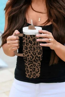 Hot Dear-Lover Leopard Print Handle Stainless Steel Large Vacuum Cup 40oz Coffee