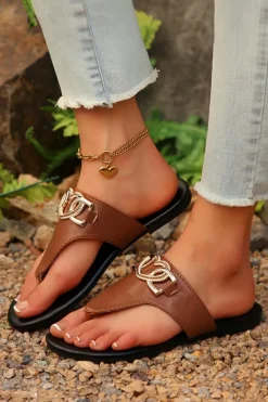 Online Dear-Lover Metal Heart Decor PU Leather Flip Flops Coffee