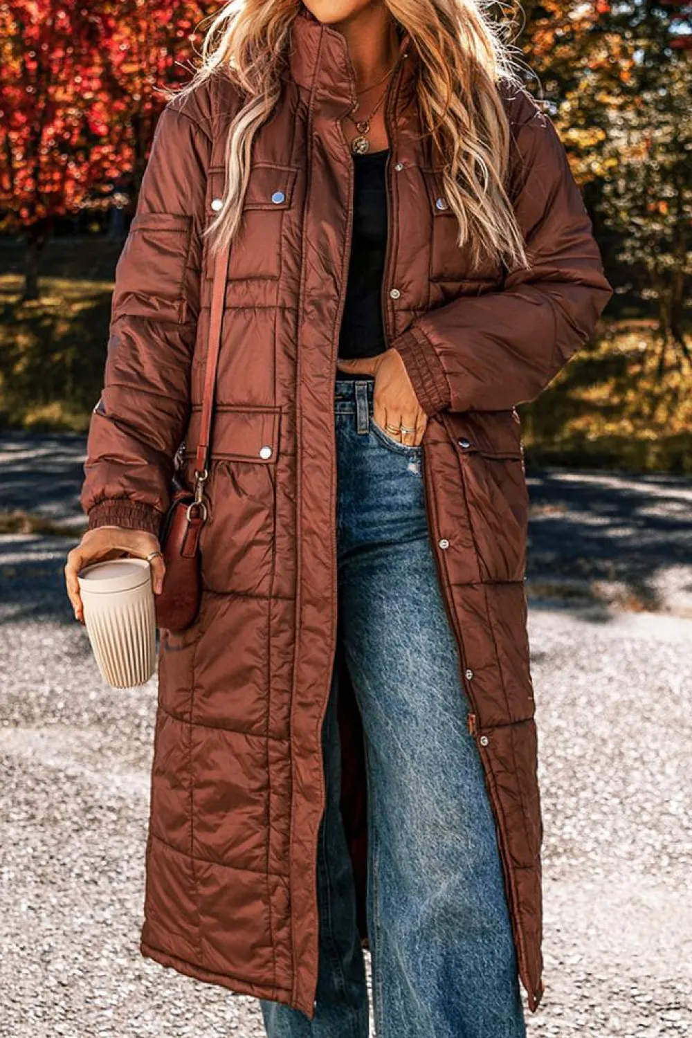 Discount Dear-Lover Quilted Puffer Stand Neck Zipped Mid-length Coat Coffee