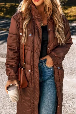 Discount Dear-Lover Quilted Puffer Stand Neck Zipped Mid-length Coat Coffee