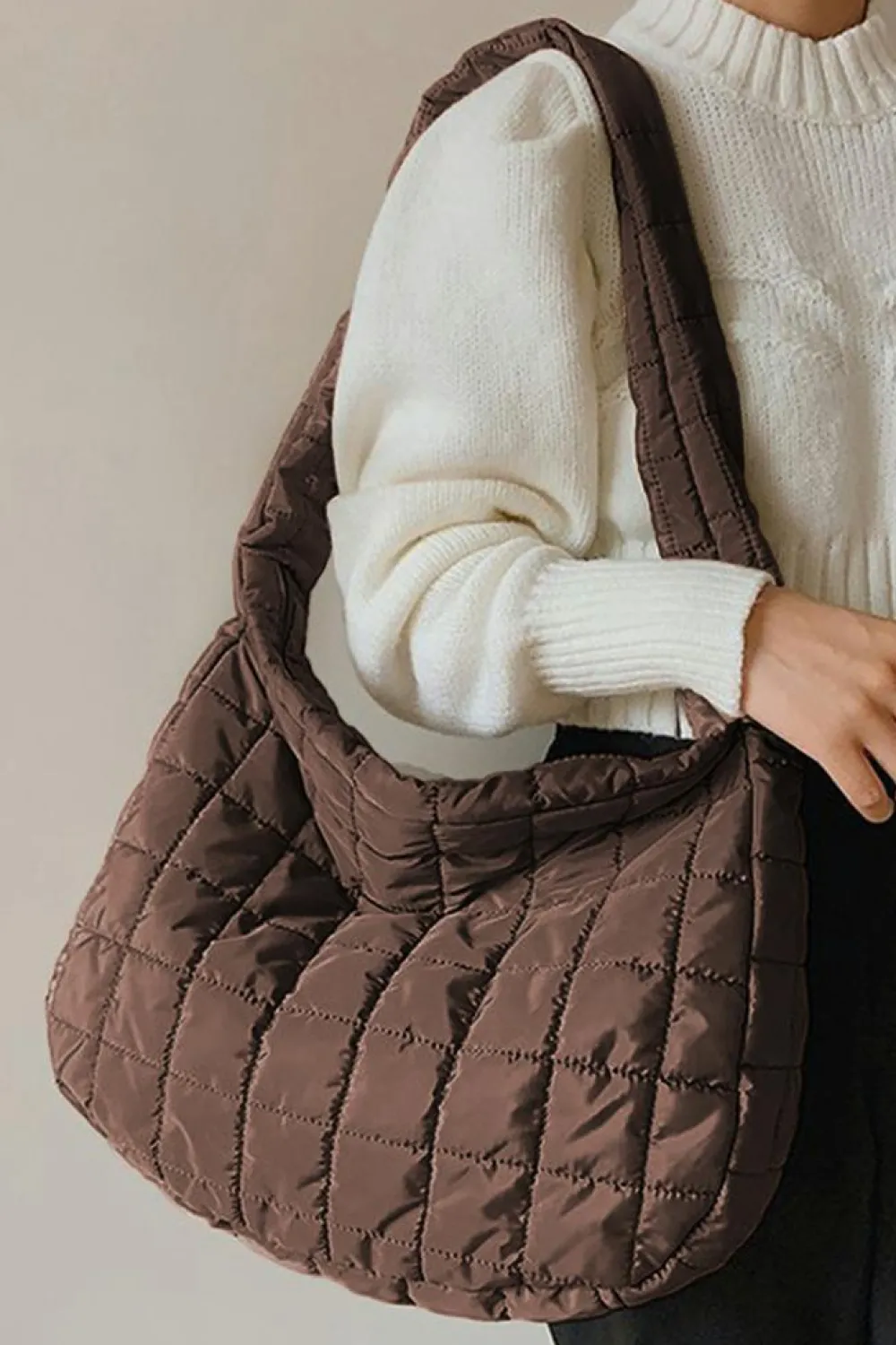 Fashion Dear-Lover Quilted Zipper Large Shoulder Bag Coffee