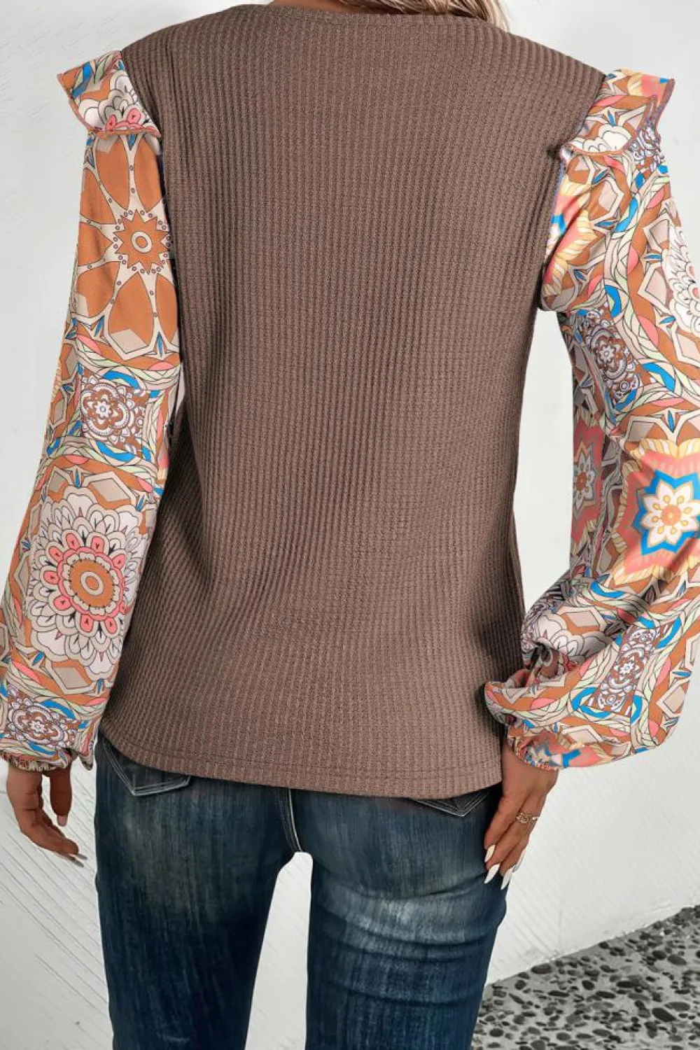 Best Dear-Lover Ruffled Floral Sleeve Patchwork Waffle Knit O Neck Blouse Coffee