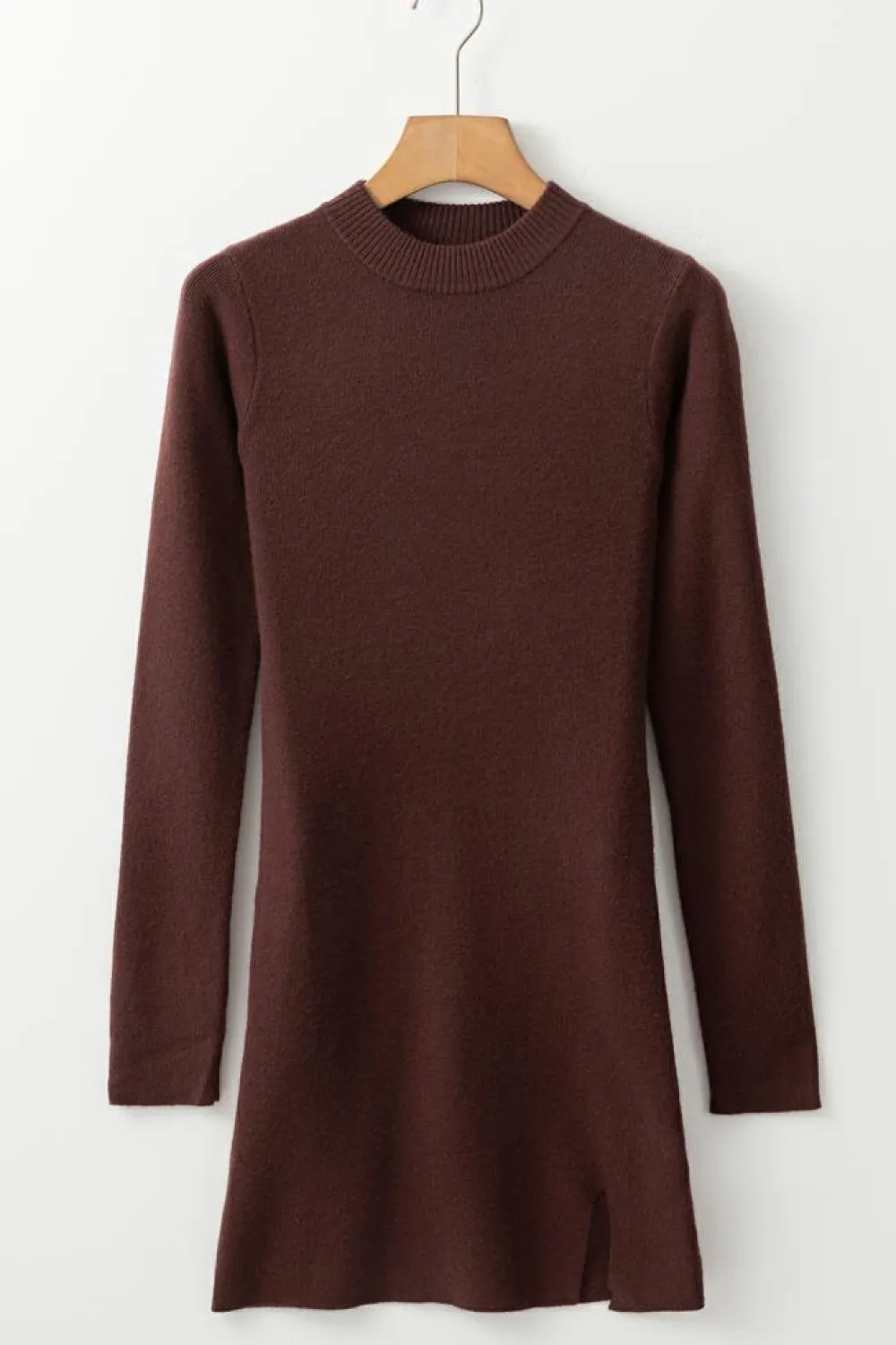 Online Dear-Lover Slim Fit Mock Neck Side Slit Sweater Dress Coffee