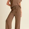 Best Dear-Lover Solid Color Corded Short Sleeve Top and Casual Pants Set Coffee