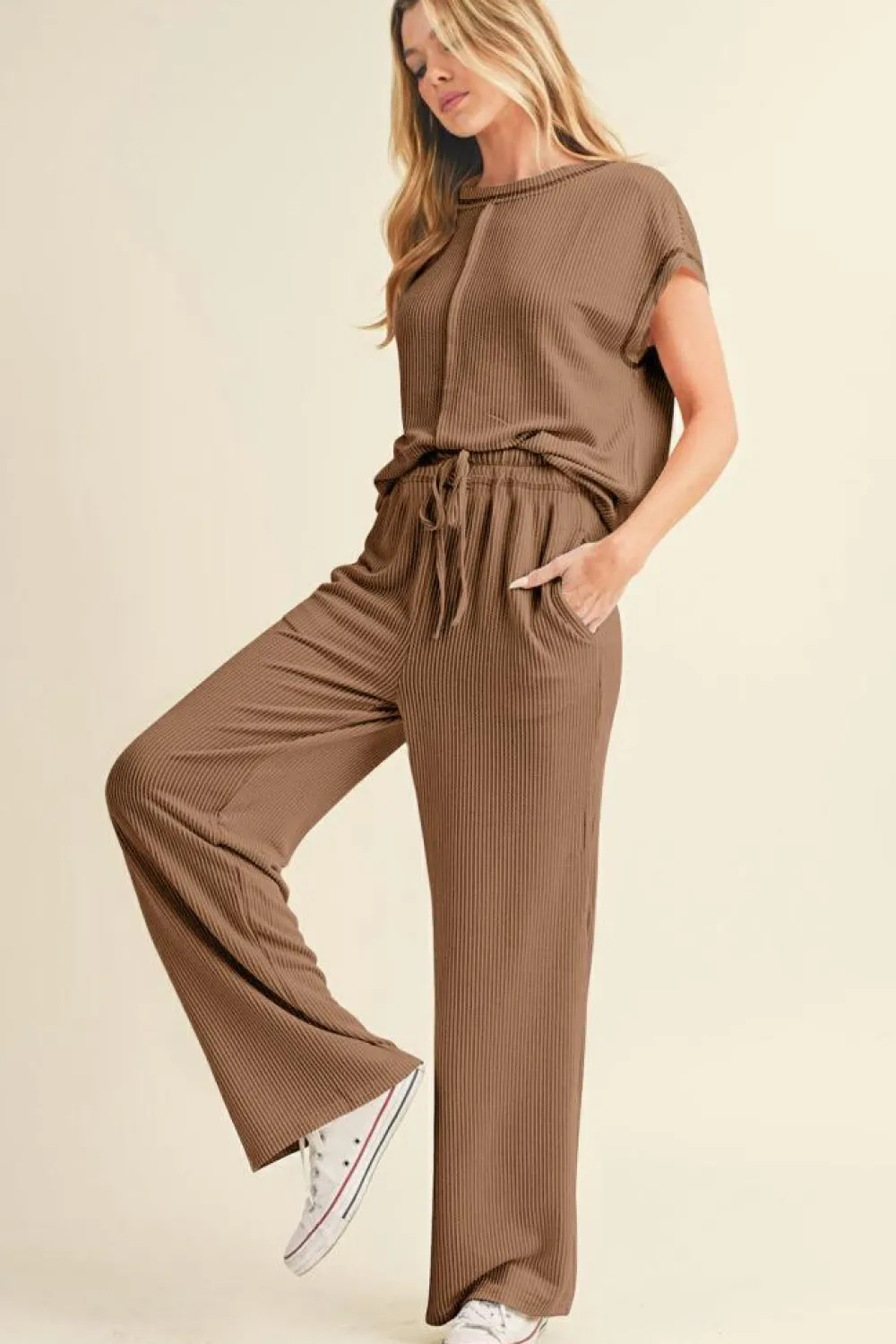 Best Dear-Lover Solid Color Corded Short Sleeve Top and Casual Pants Set Coffee