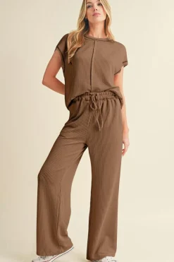 Best Dear-Lover Solid Color Corded Short Sleeve Top and Casual Pants Set Coffee