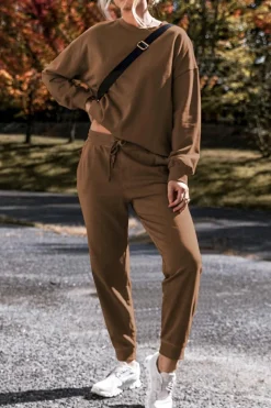 New Dear-Lover Solid Color High Low Pullover and Skinny Pants Set Coffee