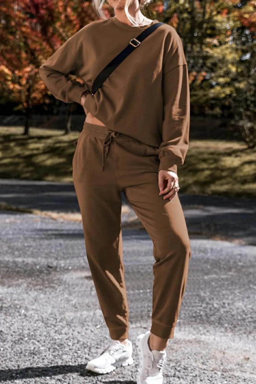 New Dear-Lover Solid Color High Low Pullover and Skinny Pants Set Coffee