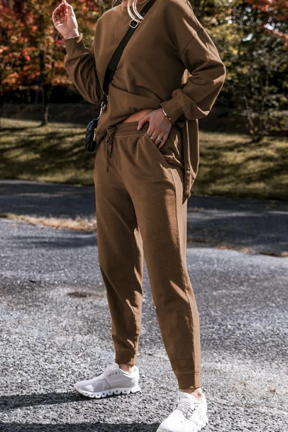 New Dear-Lover Solid Color High Low Pullover and Skinny Pants Set Coffee