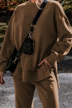 New Dear-Lover Solid Color High Low Pullover and Skinny Pants Set Coffee
