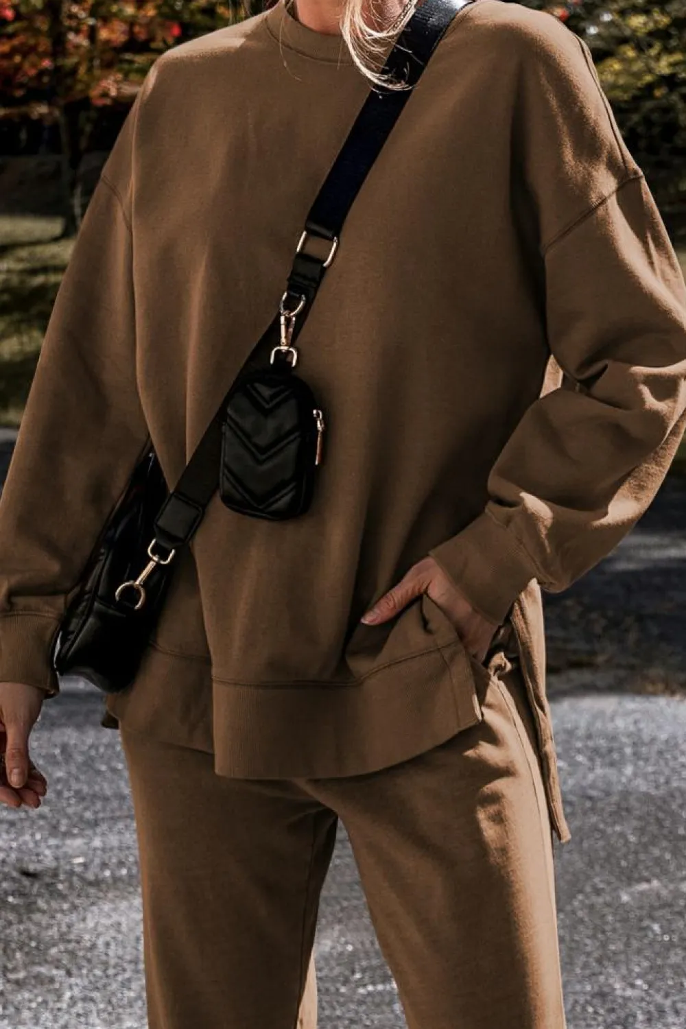 New Dear-Lover Solid Color High Low Pullover and Skinny Pants Set Coffee