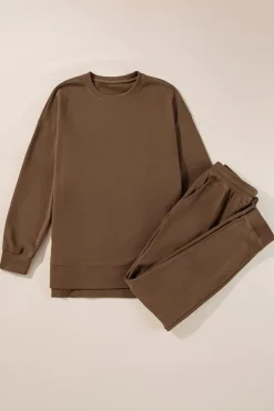 New Dear-Lover Solid Color High Low Pullover and Skinny Pants Set Coffee