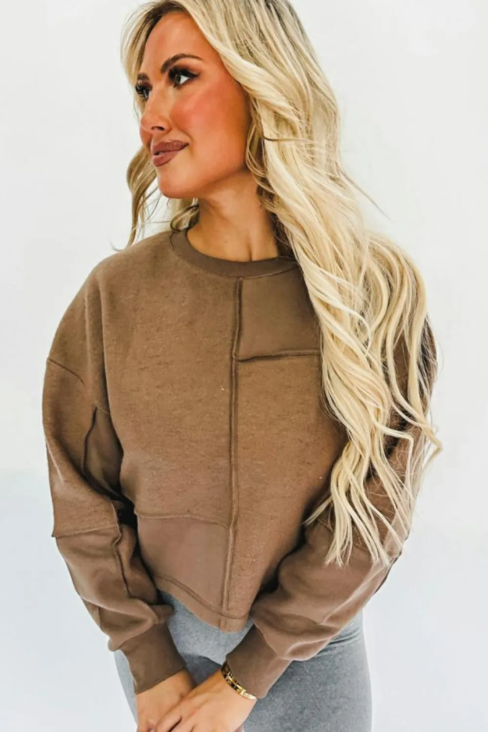 Best Dear-Lover Solid Exposed Seam Pullover Sweatshirt Coffee
