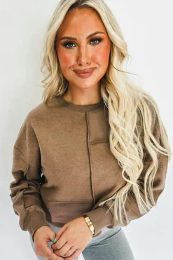 Best Dear-Lover Solid Exposed Seam Pullover Sweatshirt Coffee