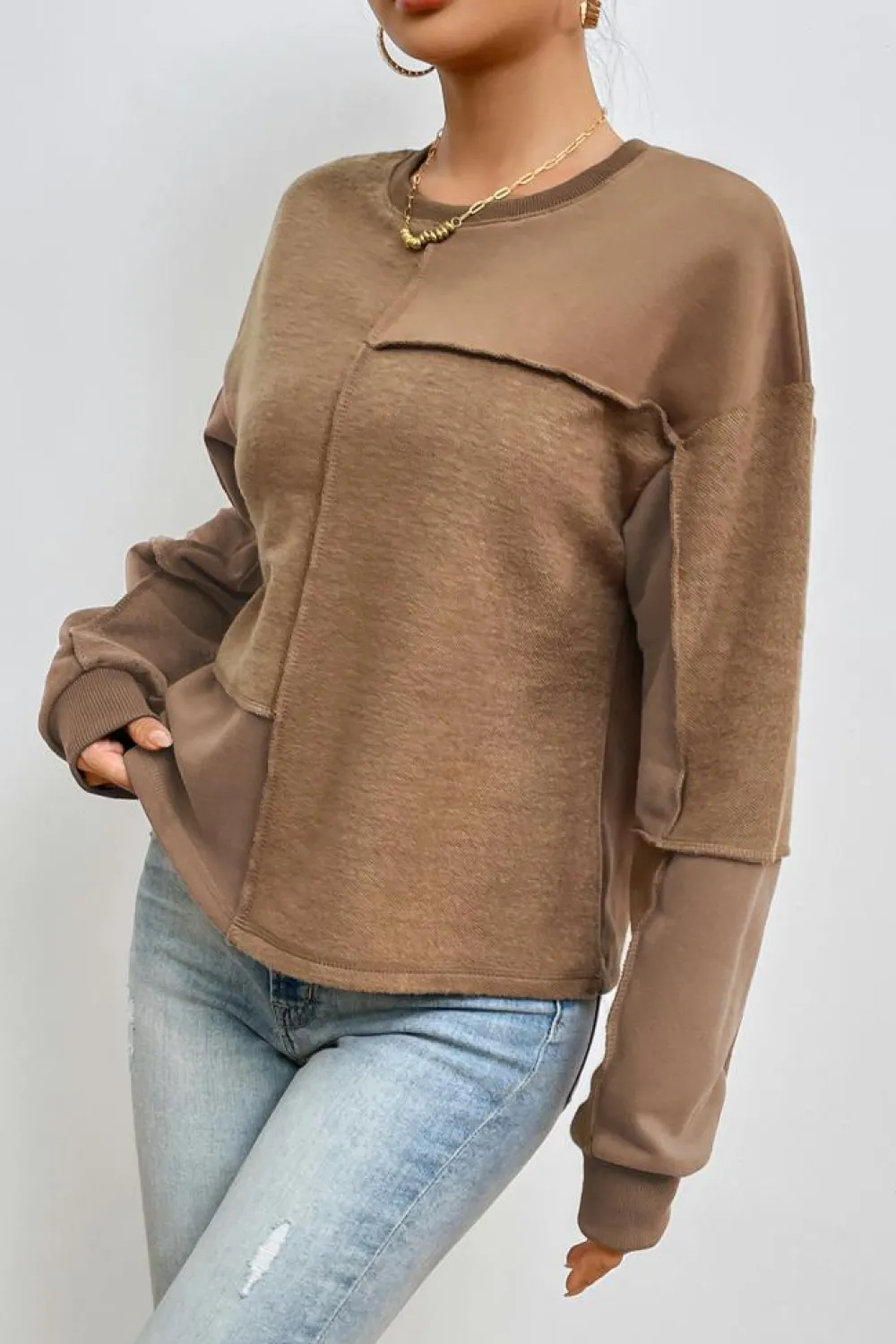 Best Dear-Lover Solid Exposed Seam Pullover Sweatshirt Coffee