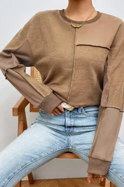 Best Dear-Lover Solid Exposed Seam Pullover Sweatshirt Coffee