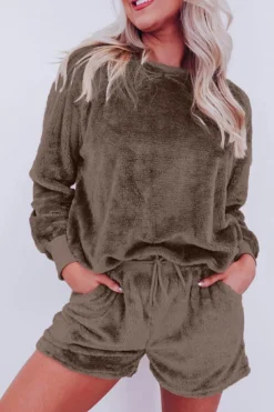 Hot Dear-Lover Solid Loose Fit Two Piece Fleece Lounge Set Coffee
