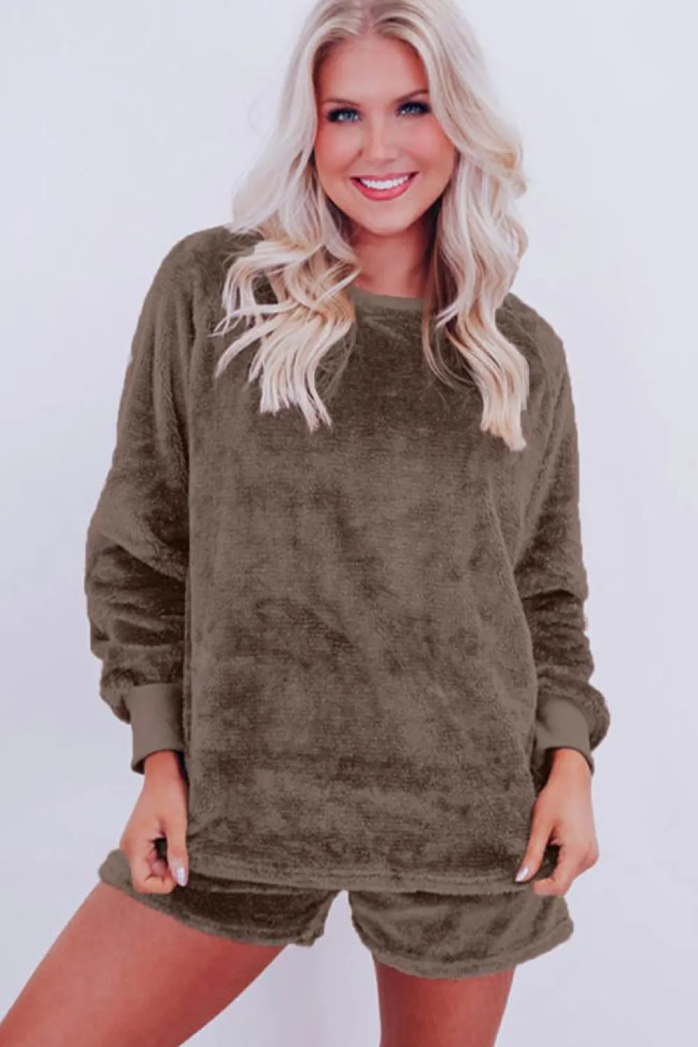 Hot Dear-Lover Solid Loose Fit Two Piece Fleece Lounge Set Coffee