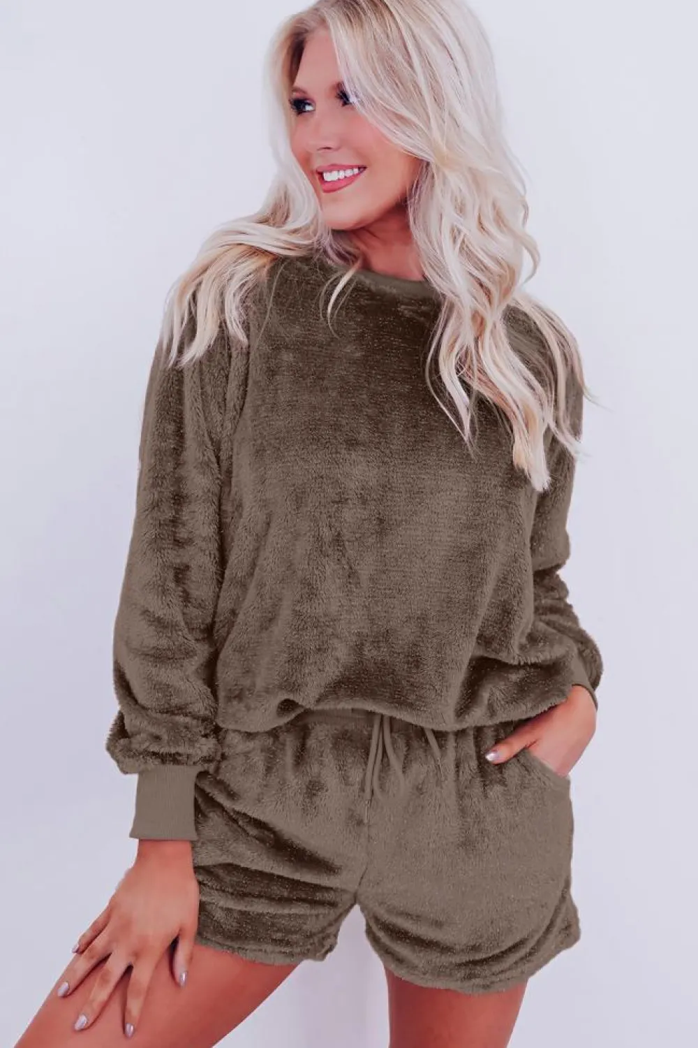 Hot Dear-Lover Solid Loose Fit Two Piece Fleece Lounge Set Coffee