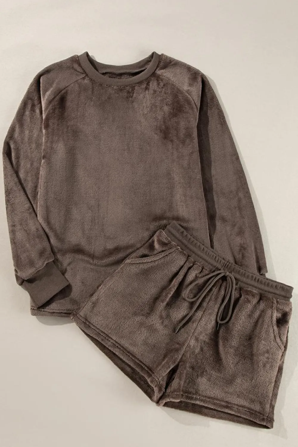 Hot Dear-Lover Solid Loose Fit Two Piece Fleece Lounge Set Coffee