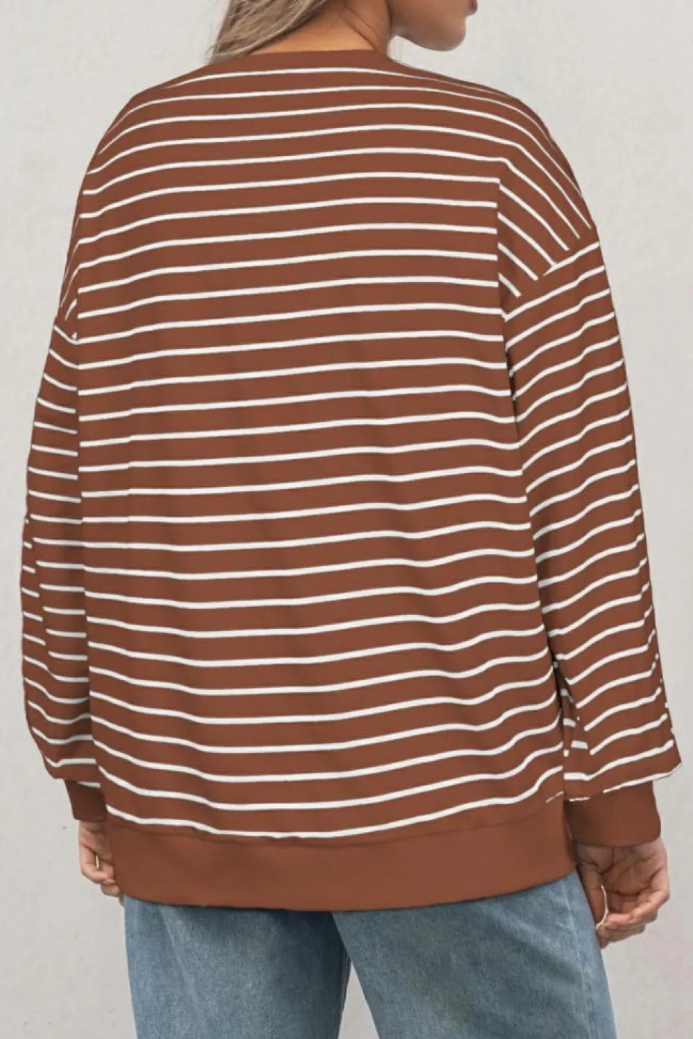 Discount Dear-Lover Striped Long Sleeve Round Neck Loose Top Coffee
