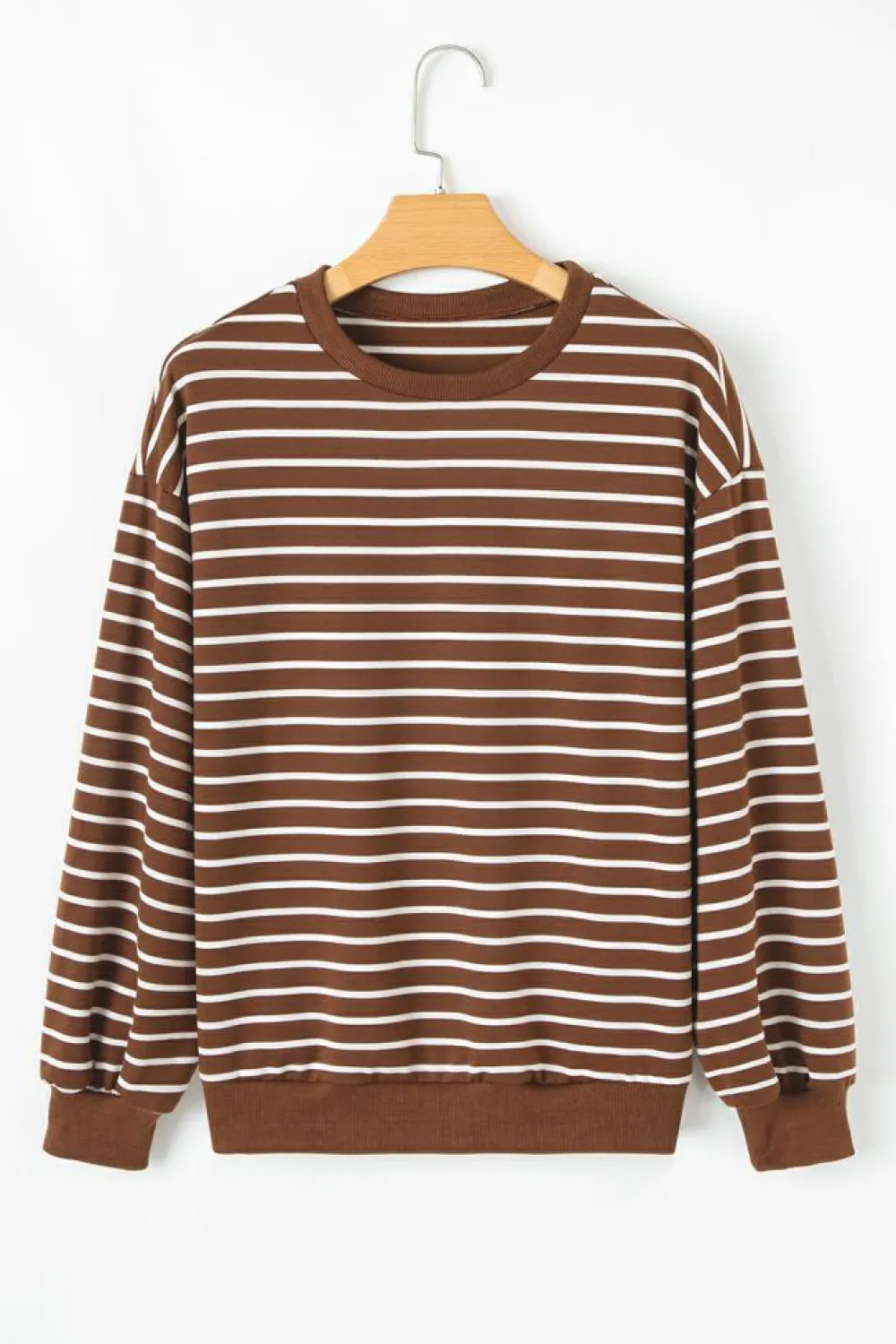 Discount Dear-Lover Striped Long Sleeve Round Neck Loose Top Coffee