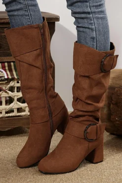 Outlet Dear-Lover Suede Double Buckled Side Zipped Mid-calf Boots Coffee