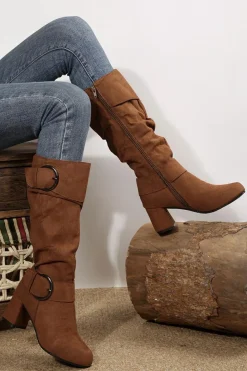 Outlet Dear-Lover Suede Double Buckled Side Zipped Mid-calf Boots Coffee
