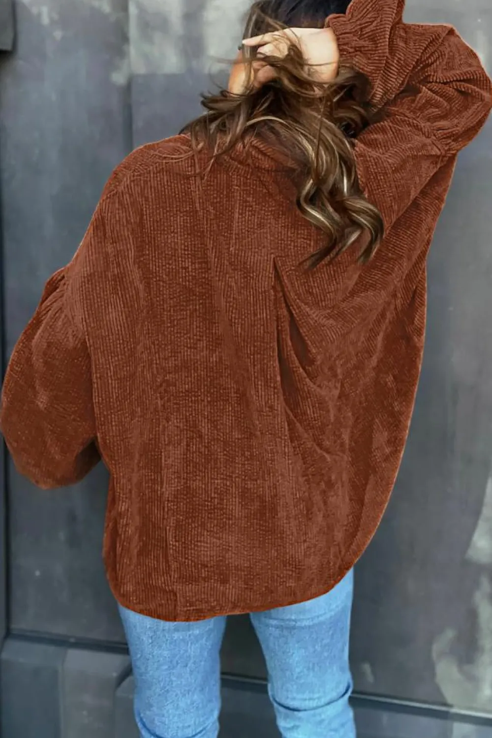 Discount Dear-Lover Textured Corduroy Puff Sleeve Shacket Coffee