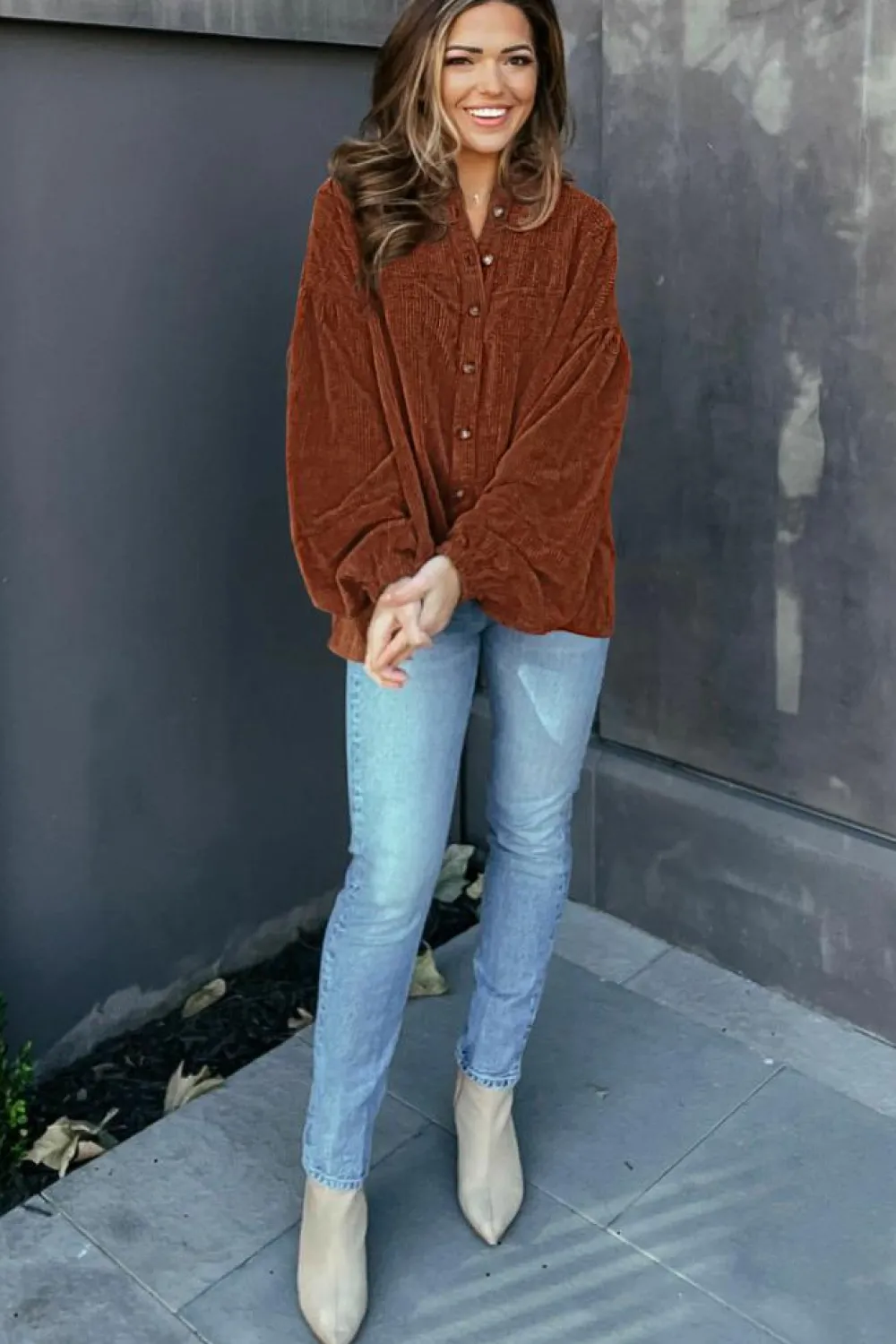Discount Dear-Lover Textured Corduroy Puff Sleeve Shacket Coffee