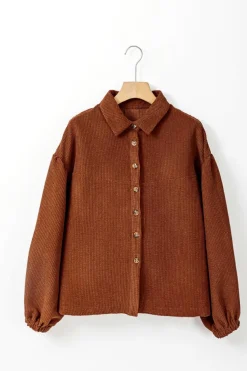 Discount Dear-Lover Textured Corduroy Puff Sleeve Shacket Coffee