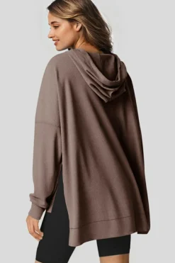 Best Dear-Lover Waffle Knit Fleece Lined High Low Oversized Hoodie Coffee