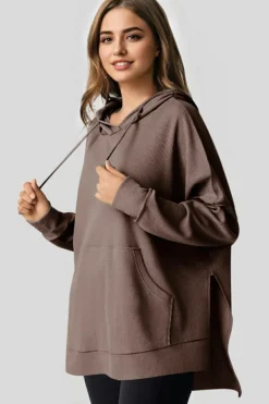 Best Dear-Lover Waffle Knit Fleece Lined High Low Oversized Hoodie Coffee