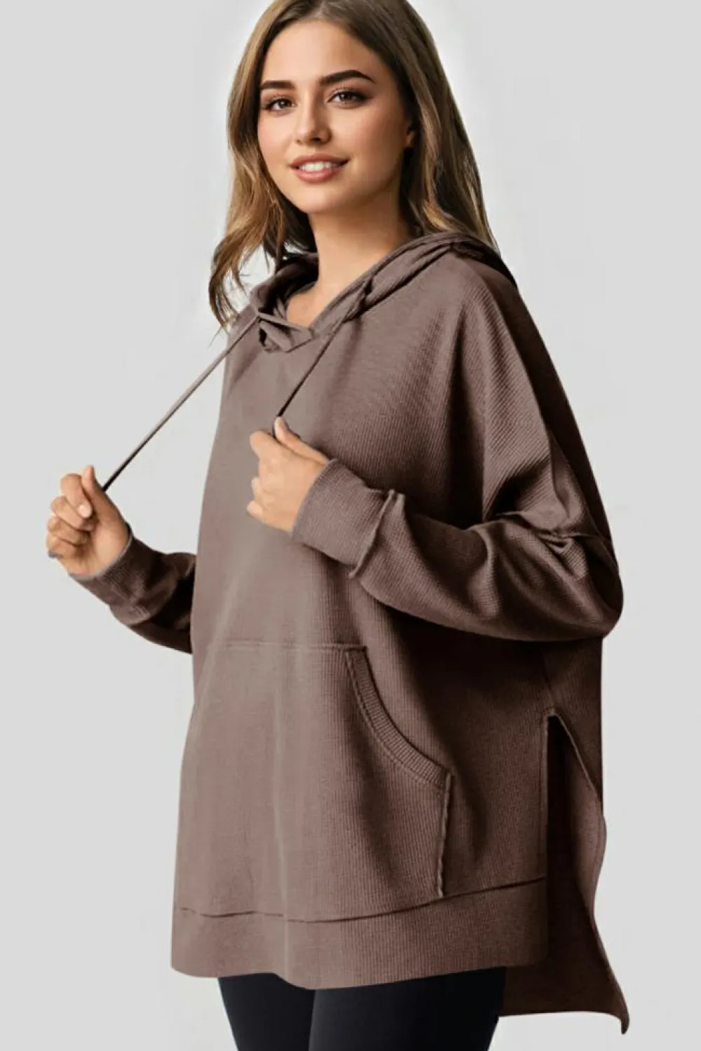 Best Dear-Lover Waffle Knit Fleece Lined High Low Oversized Hoodie Coffee