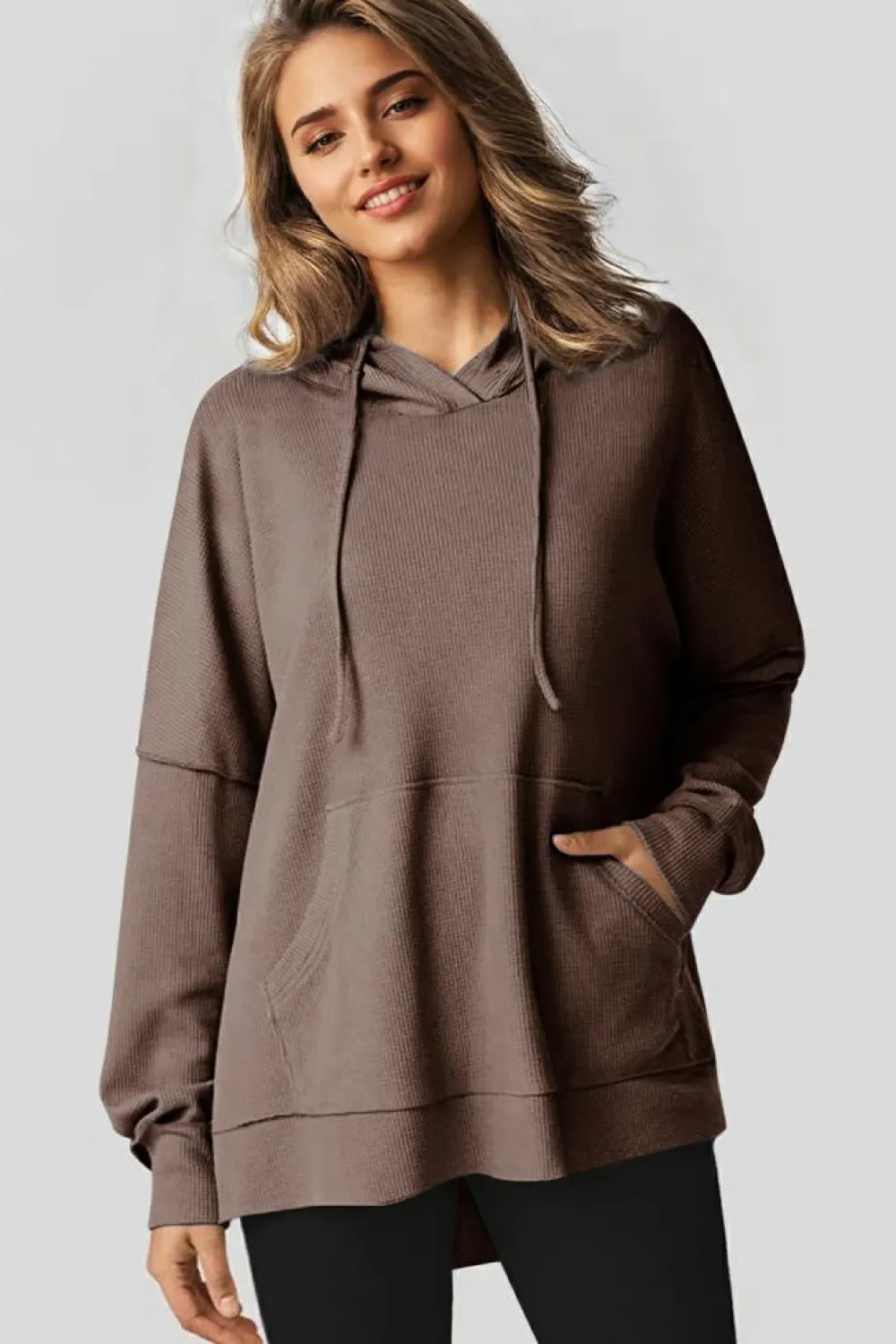 Best Dear-Lover Waffle Knit Fleece Lined High Low Oversized Hoodie Coffee
