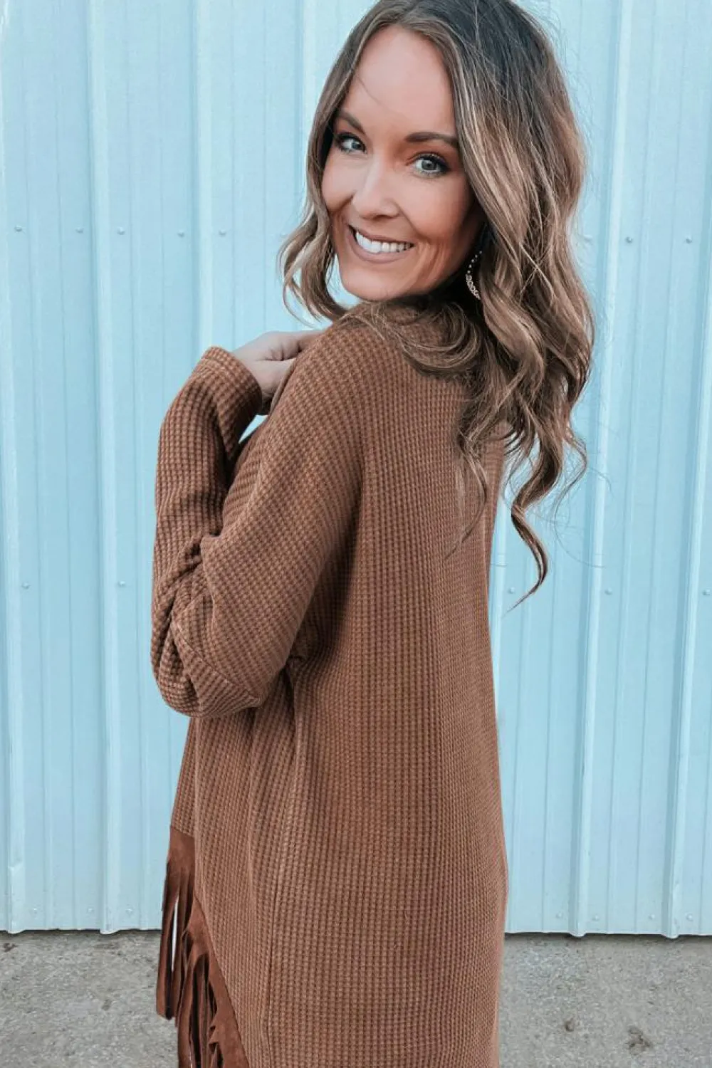 New Dear-Lover Waffle Knit Fringed High Low Loose Top Coffee