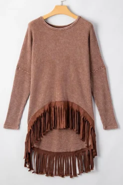 New Dear-Lover Waffle Knit Fringed High Low Loose Top Coffee