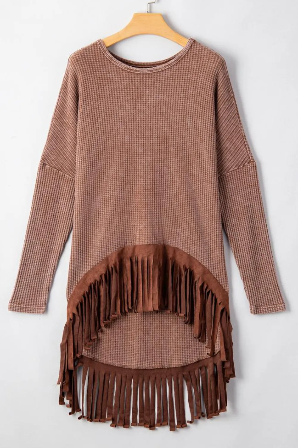 New Dear-Lover Waffle Knit Fringed High Low Loose Top Coffee