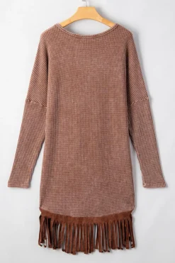 New Dear-Lover Waffle Knit Fringed High Low Loose Top Coffee
