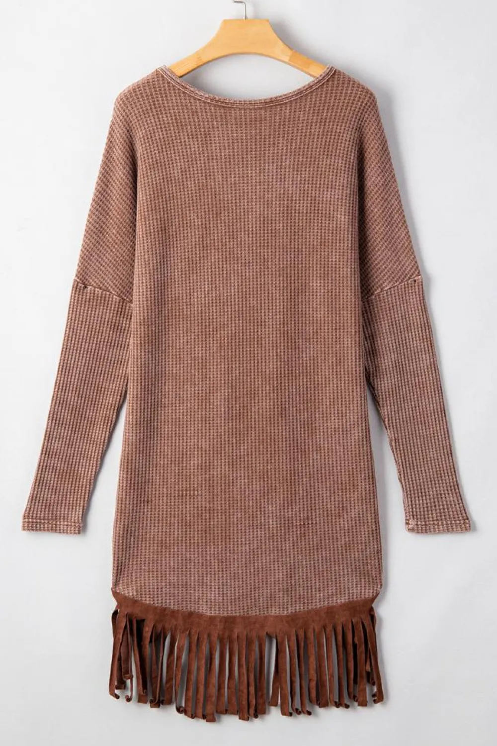 New Dear-Lover Waffle Knit Fringed High Low Loose Top Coffee