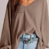 Sale Dear-Lover Waffle V Neck Long Sleeve Drop Shoulder Loose Blouse Coffee
