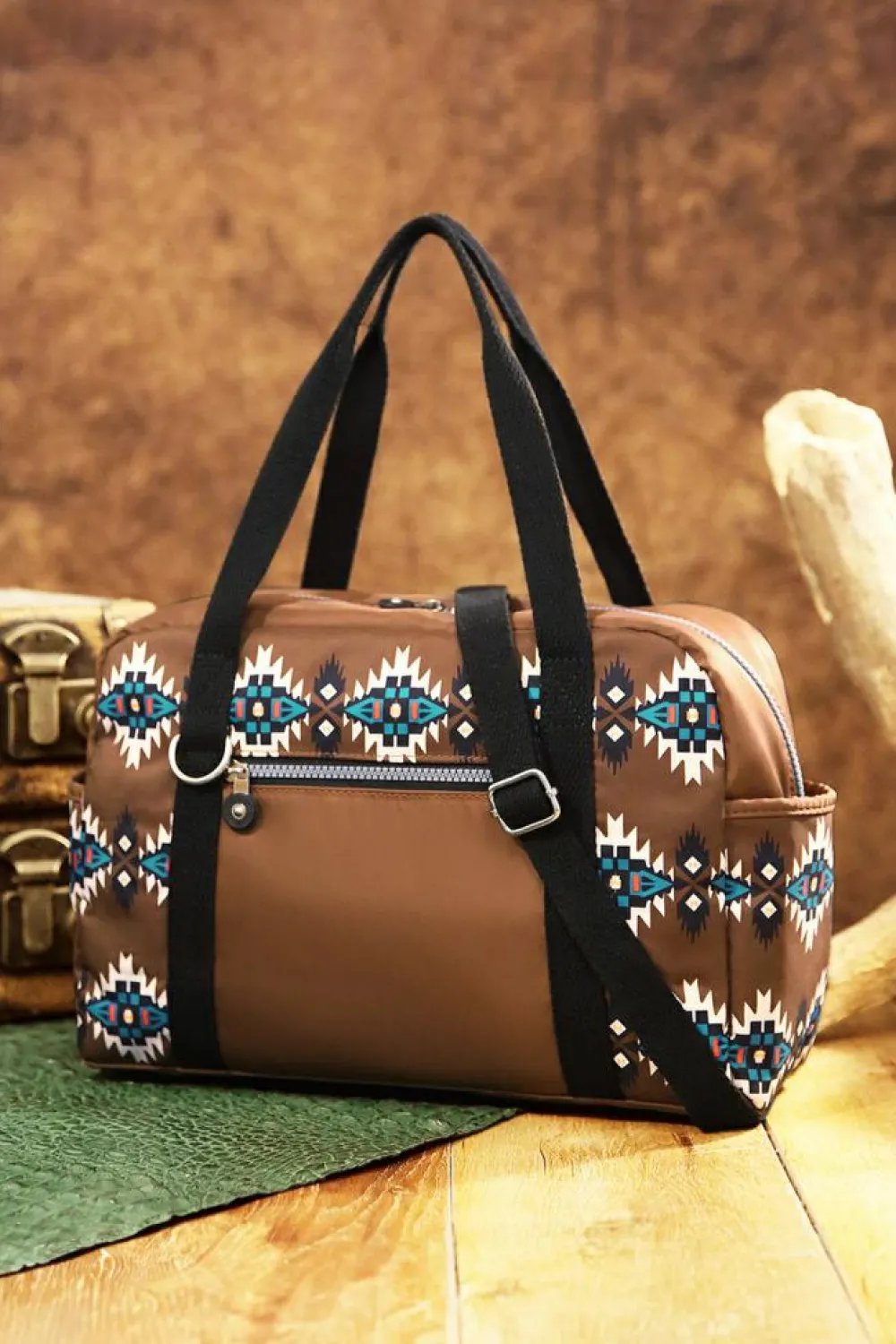 Sale Dear-Lover Western Aztec Print PU Leather Large Travel Duffel Bag Coffee