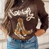 Best Dear-Lover Western Howdy Boot Graphic High Neck Sweater Coffee