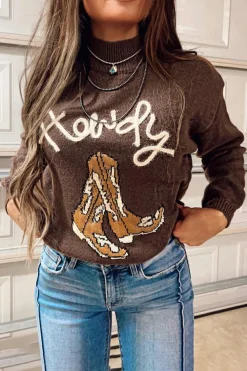 Best Dear-Lover Western Howdy Boot Graphic High Neck Sweater Coffee